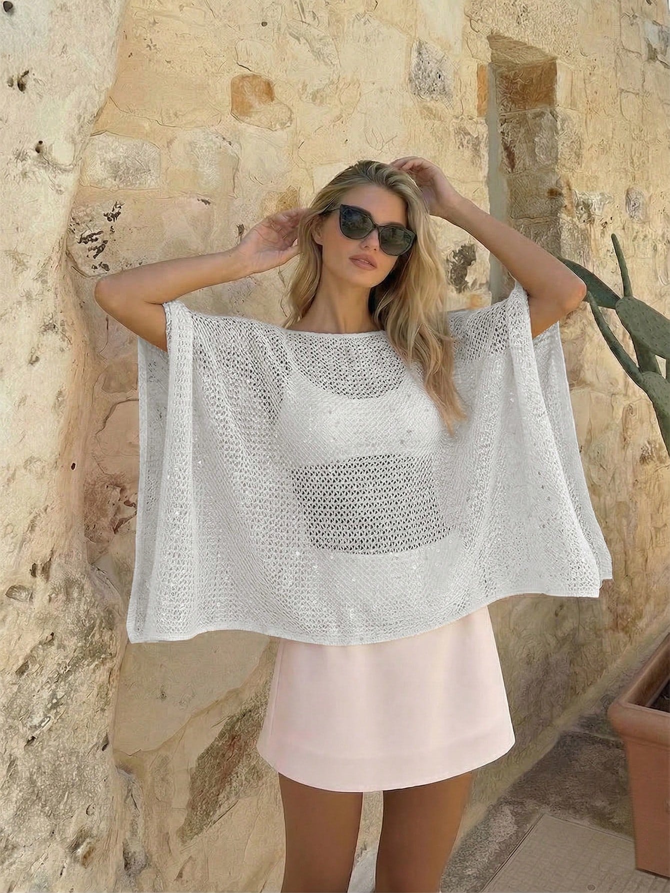 Elegant Women's Spring/Summer Fashion Daily Casual Holiday Beach Vacation Pink Knitted Hollow Sequin Boat Neck Solid Color Semi Transparent Hooded Top White