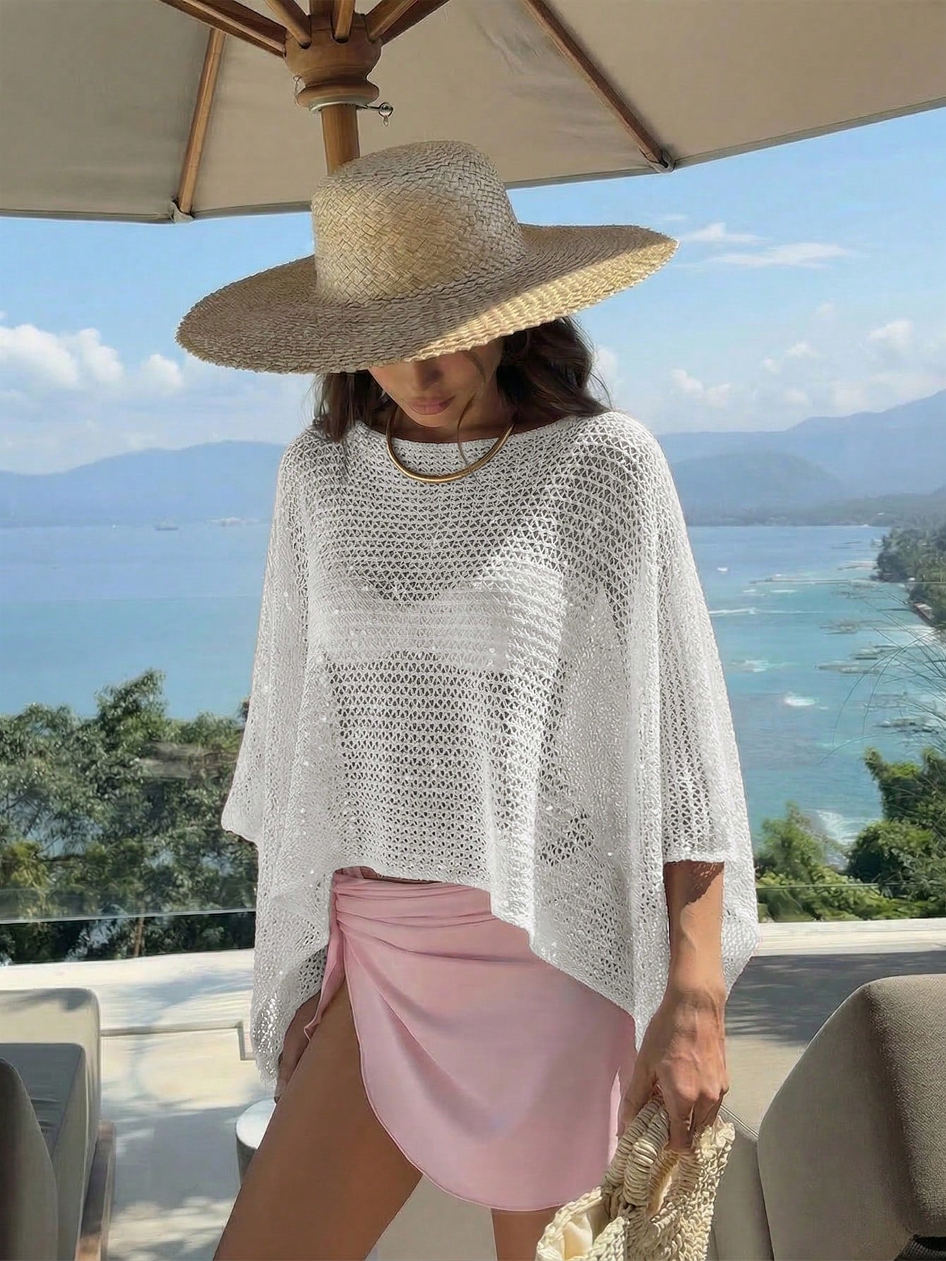 Elegant Women's Spring/Summer Fashion Daily Casual Holiday Beach Vacation Pink Knitted Hollow Sequin Boat Neck Solid Color Semi Transparent Hooded Top White
