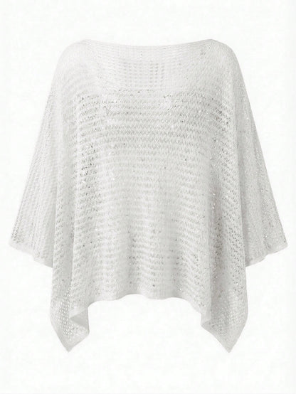 Elegant Women's Spring/Summer Fashion Daily Casual Holiday Beach Vacation Pink Knitted Hollow Sequin Boat Neck Solid Color Semi Transparent Hooded Top White