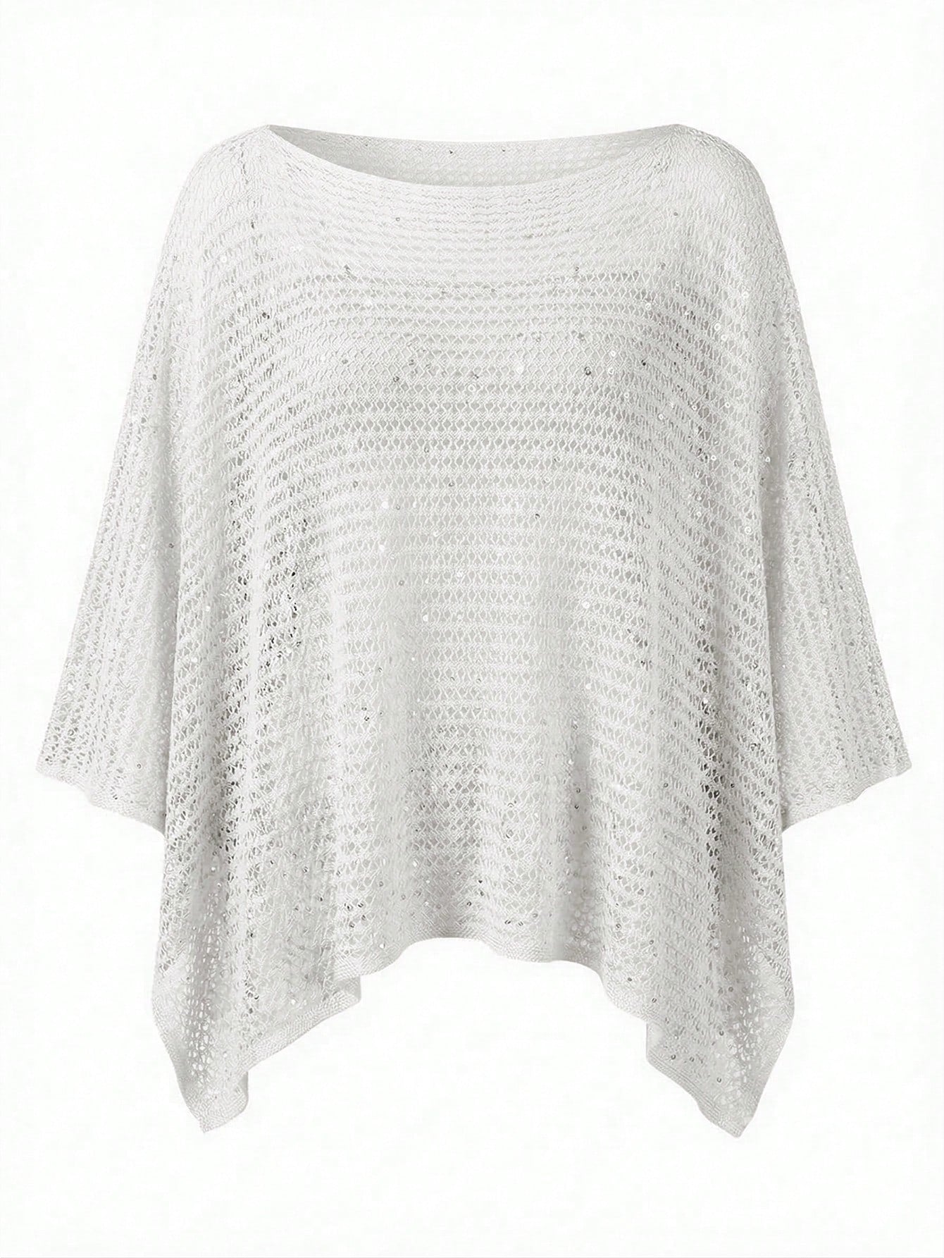 Elegant Women's Spring/Summer Fashion Daily Casual Holiday Beach Vacation Pink Knitted Hollow Sequin Boat Neck Solid Color Semi Transparent Hooded Top White