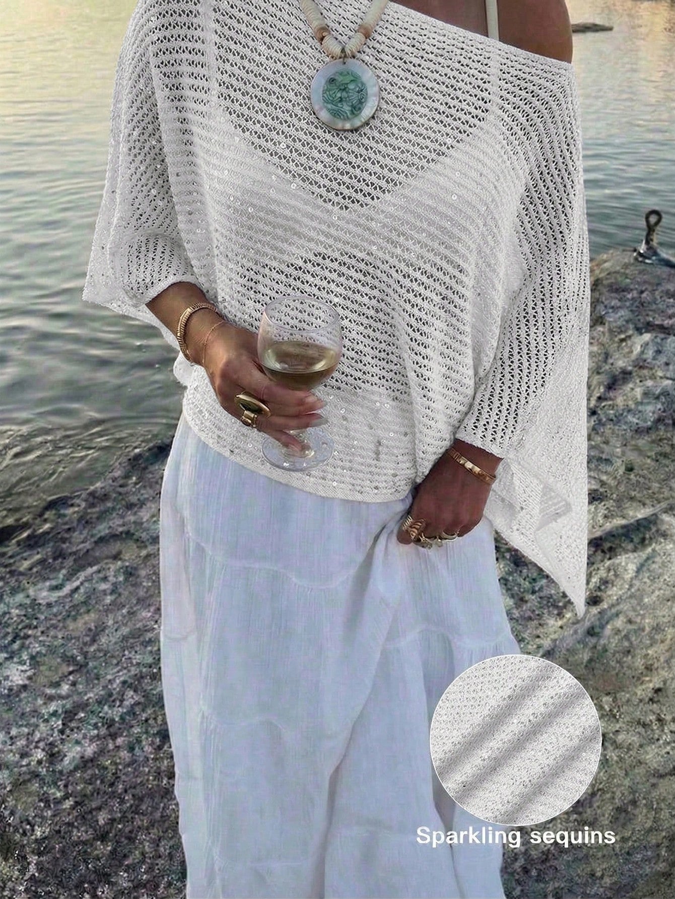 Elegant Women's Spring/Summer Fashion Daily Casual Holiday Beach Vacation Pink Knitted Hollow Sequin Boat Neck Solid Color Semi Transparent Hooded Top White