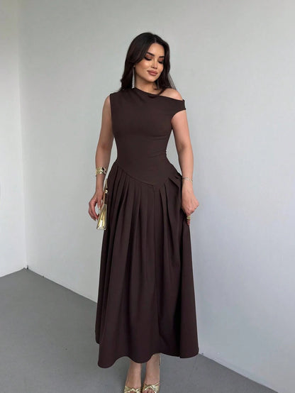 Elegant Women's Square Neck Ruffle Skirt Dress, Bachelorette Party Summer Brown