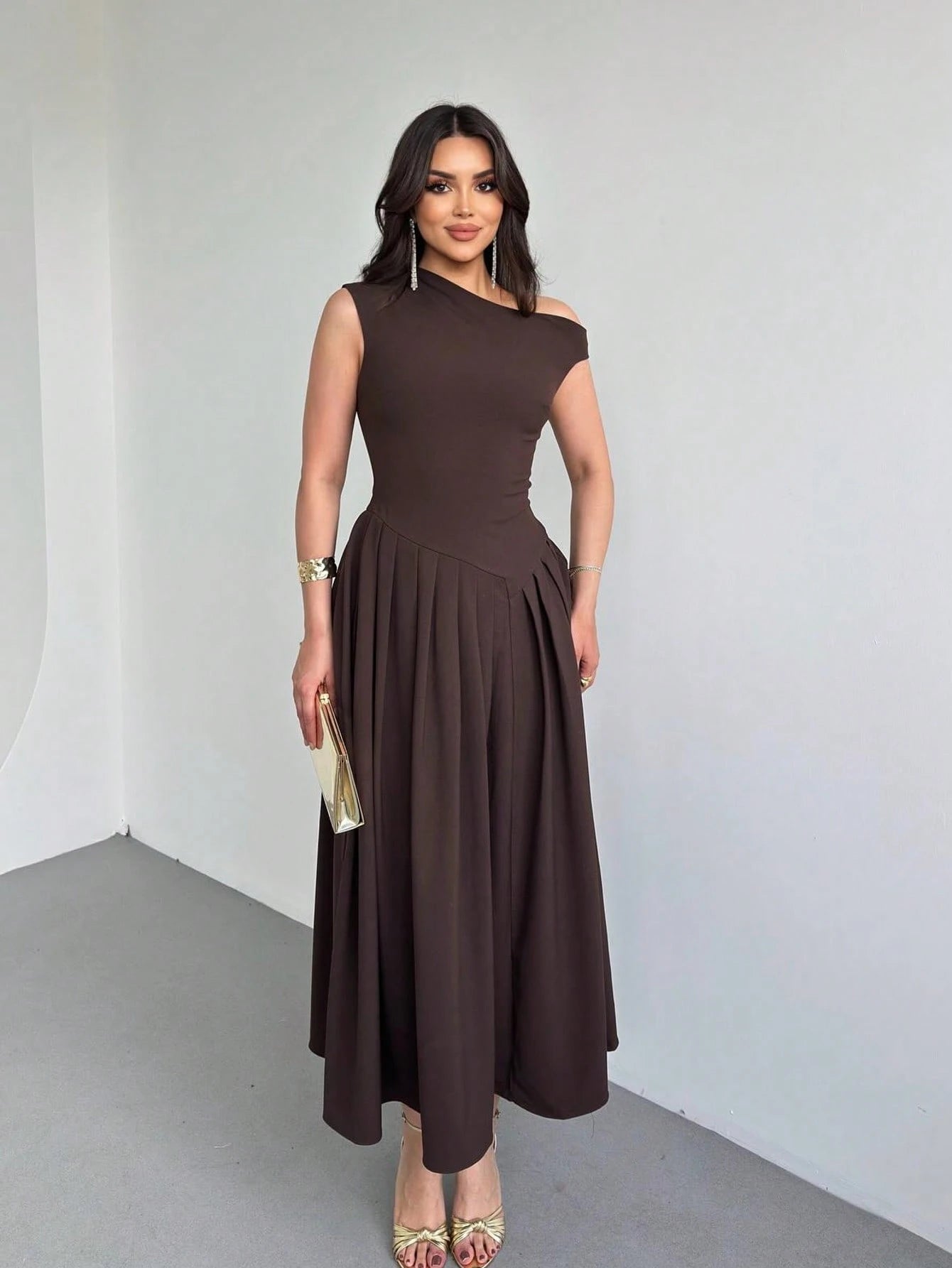 Elegant Women's Square Neck Ruffle Skirt Dress, Bachelorette Party Summer Brown