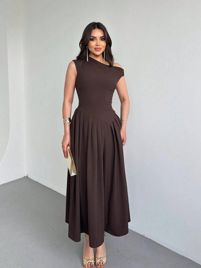 Elegant Women's Square Neck Ruffle Skirt Dress, Bachelorette Party Summer Brown
