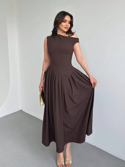 Elegant Women's Square Neck Ruffle Skirt Dress, Bachelorette Party Summer Brown
