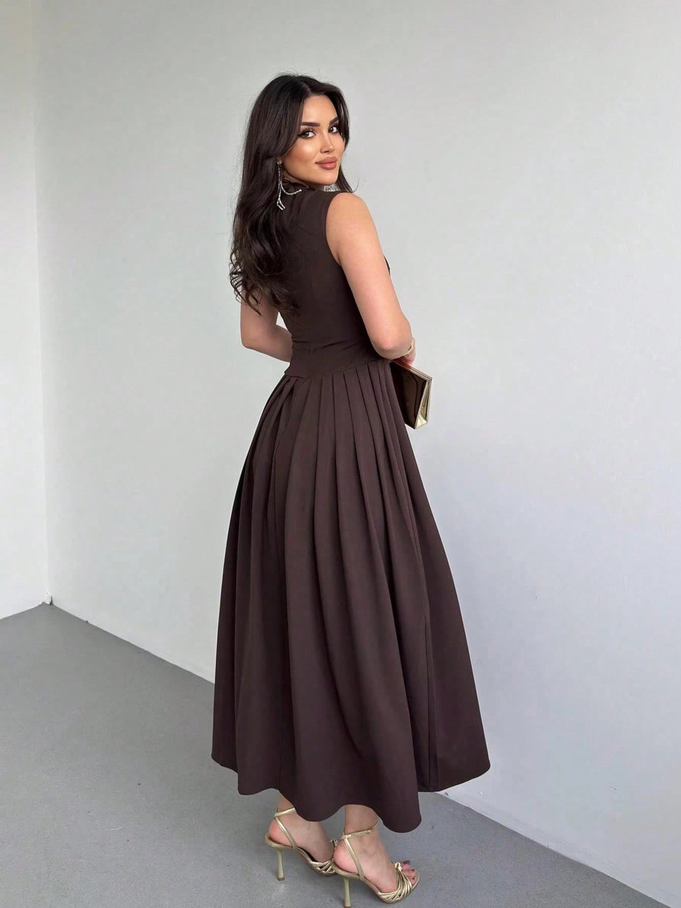 Elegant Women's Square Neck Ruffle Skirt Dress, Bachelorette Party Summer Brown