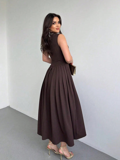 Elegant Women's Square Neck Ruffle Skirt Dress, Bachelorette Party Summer Brown