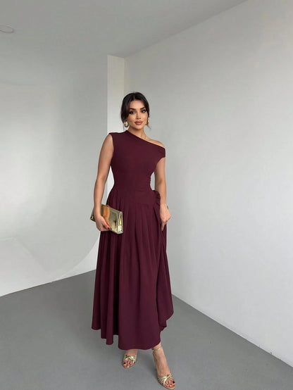 Elegant Women's Square Neck Ruffle Skirt Dress, Bachelorette Party Summer Brown