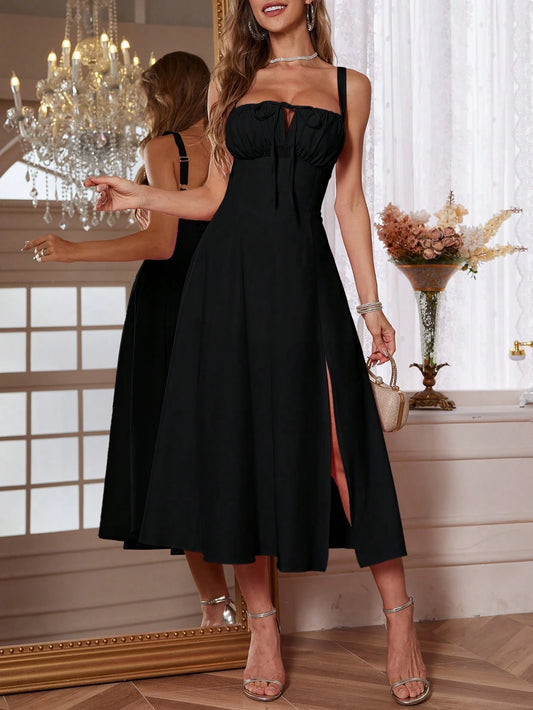 Elegant Women Sleeveless Cami Dress, Ruched Bust, Thin Spaghetti Straps, Flared Slit Hem, Perfect For Formal Occasions & Summer Days Black