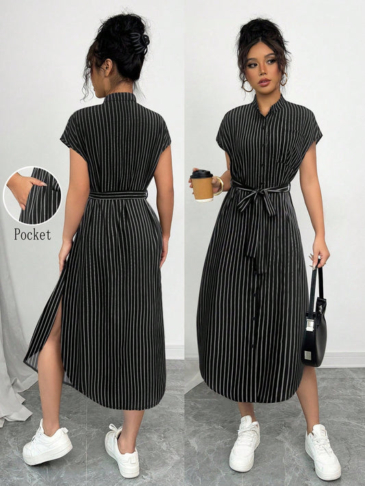 Elenzga Black And White Checkered,Summer,Casual,Brunch Blue Striped Shirt Dress Short Sleeves Pocket Bow Slits Old Money Style Elegant Graduation Outfit
