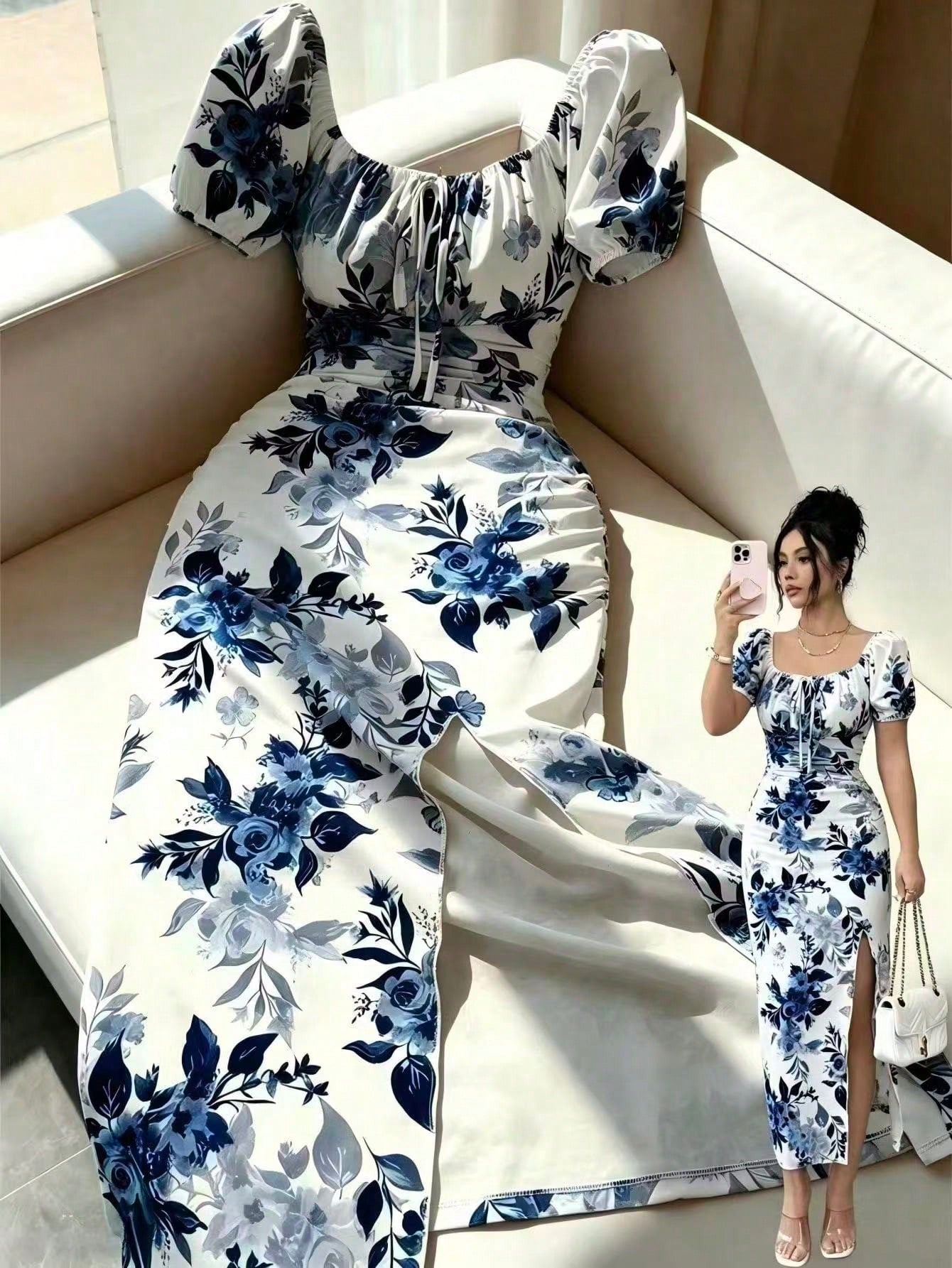 Elenzga Elegant Square Neck Puff Sleeve Cinched Waist Fitted Floral Print Dress For Women, Spring/Summer