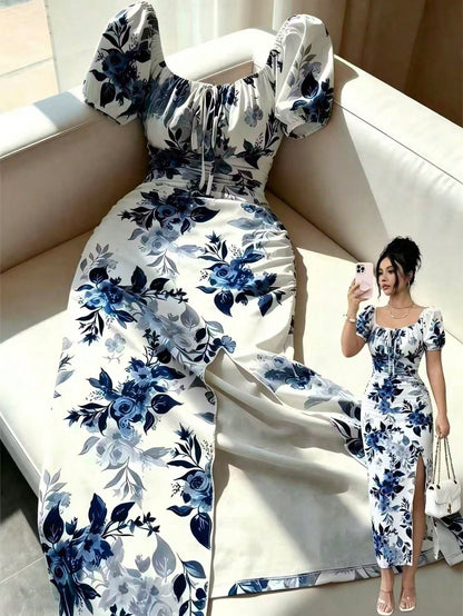 Elenzga Elegant Square Neck Puff Sleeve Cinched Waist Fitted Floral Print Dress For Women, Spring/Summer
