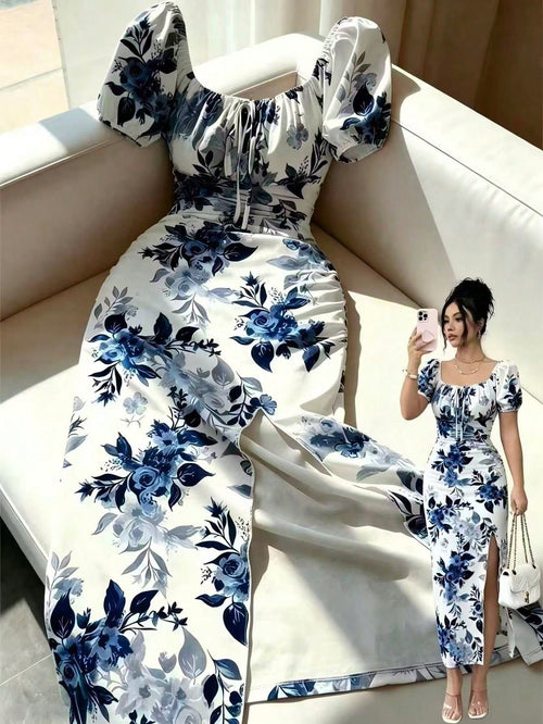 Elenzga Elegant Square Neck Puff Sleeve Cinched Waist Fitted Floral Print Dress For Women, Spring/Summer