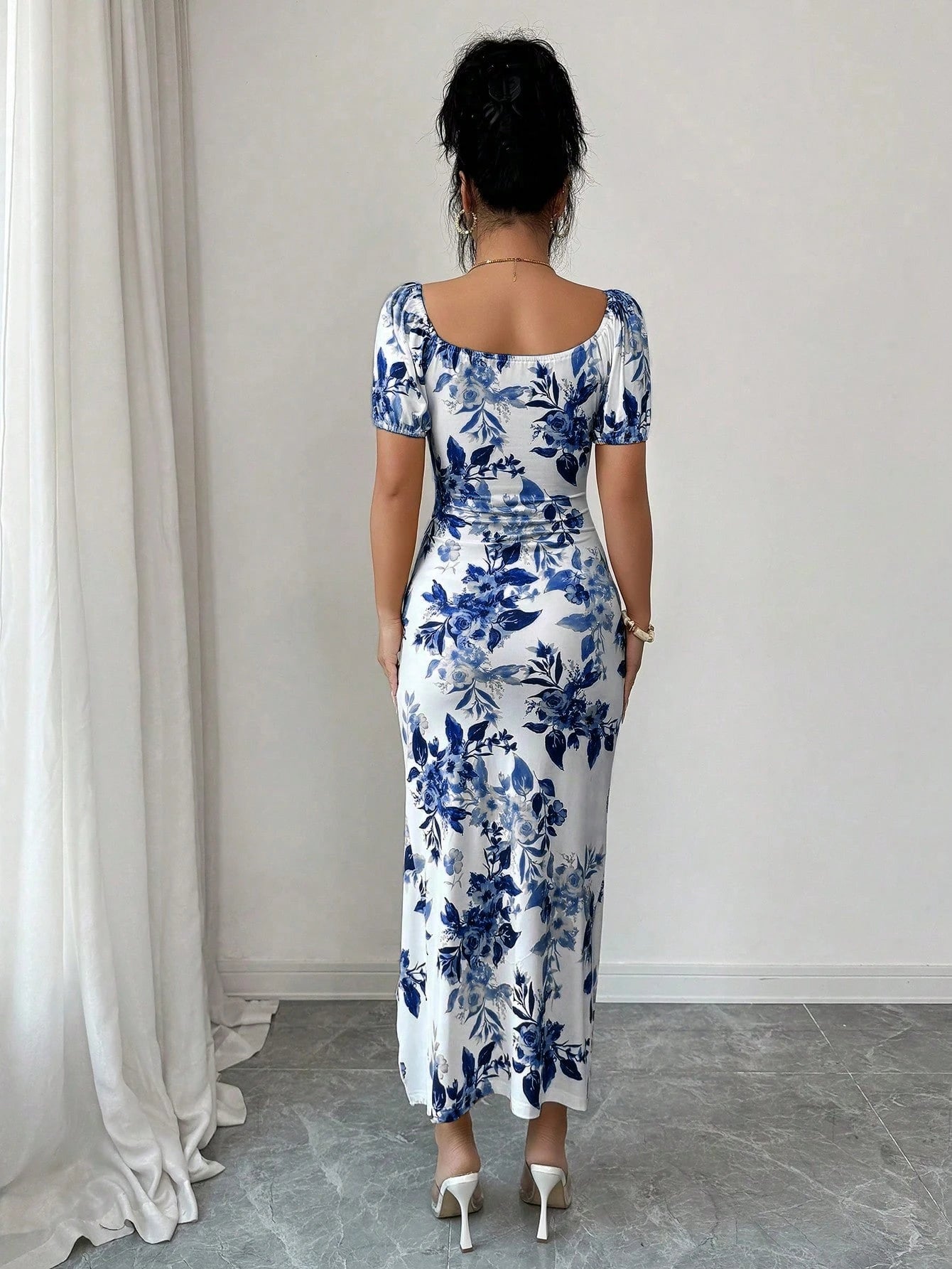 Elenzga Elegant Square Neck Puff Sleeve Cinched Waist Fitted Floral Print Dress For Women, Spring/Summer