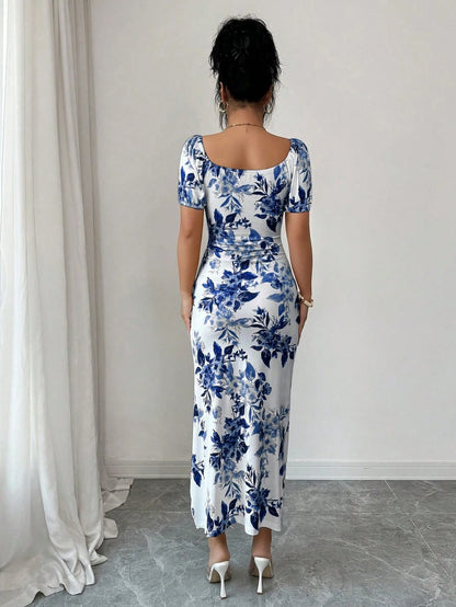 Elenzga Elegant Square Neck Puff Sleeve Cinched Waist Fitted Floral Print Dress For Women, Spring/Summer