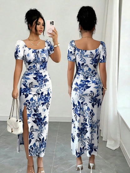 Elenzga Elegant Square Neck Puff Sleeve Cinched Waist Fitted Floral Print Dress For Women, Spring/Summer