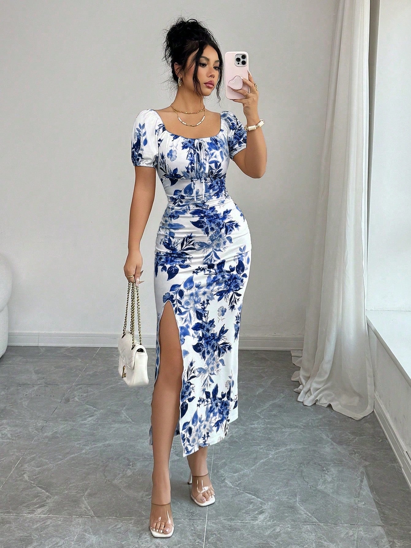 Elenzga Elegant Square Neck Puff Sleeve Cinched Waist Fitted Floral Print Dress For Women, Spring/Summer