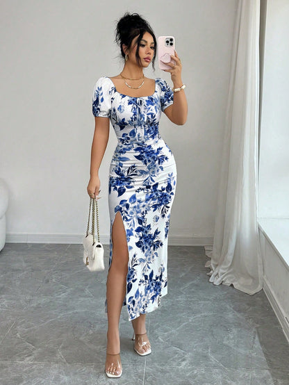 Elenzga Elegant Square Neck Puff Sleeve Cinched Waist Fitted Floral Print Dress For Women, Spring/Summer