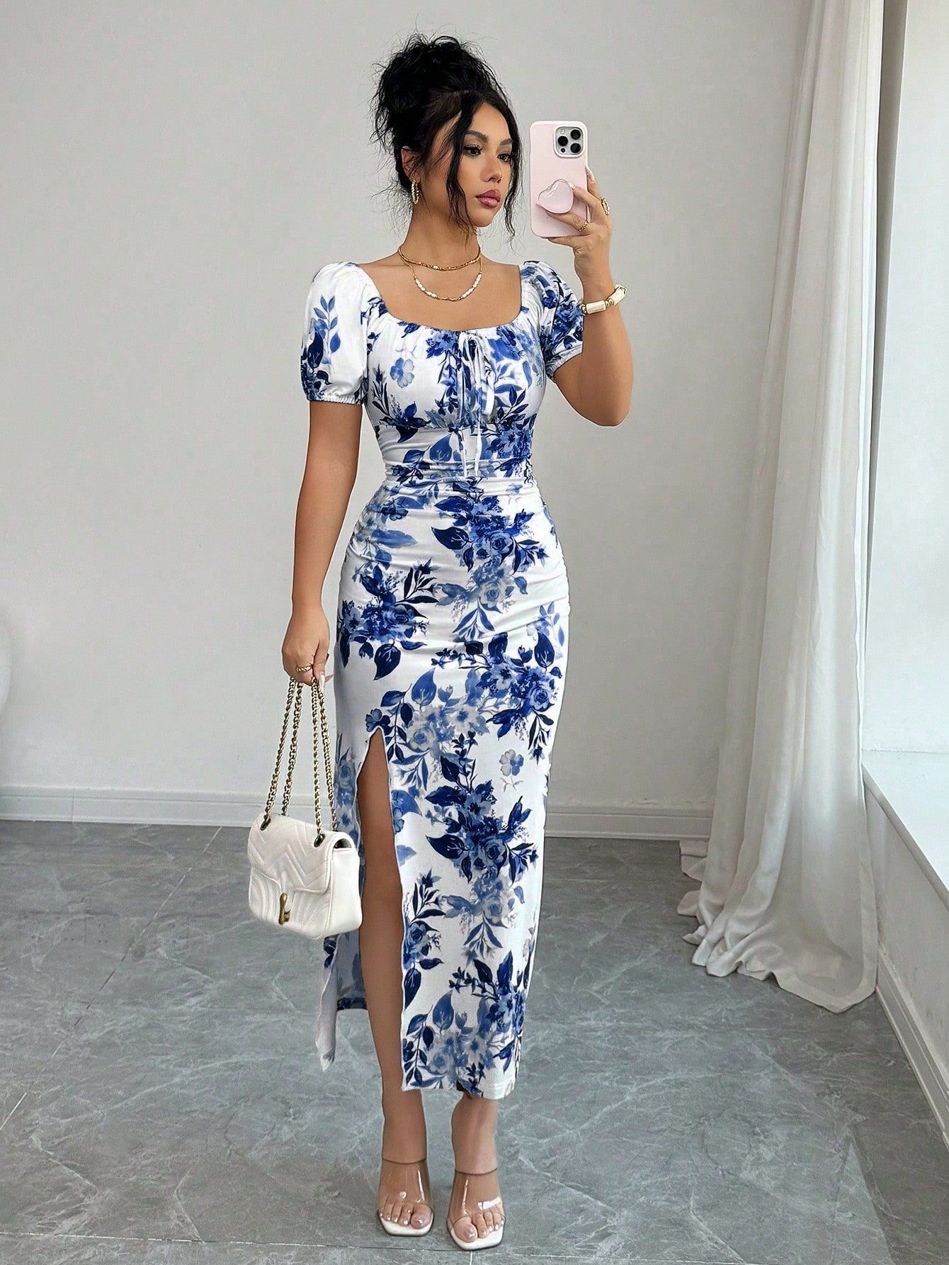 Elenzga Elegant Square Neck Puff Sleeve Cinched Waist Fitted Floral Print Dress For Women, Spring/Summer