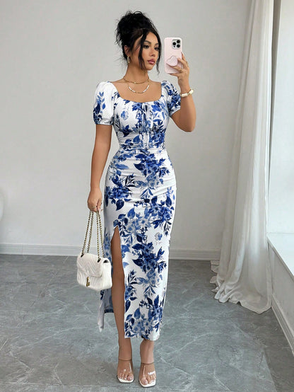 Elenzga Elegant Square Neck Puff Sleeve Cinched Waist Fitted Floral Print Dress For Women, Spring/Summer