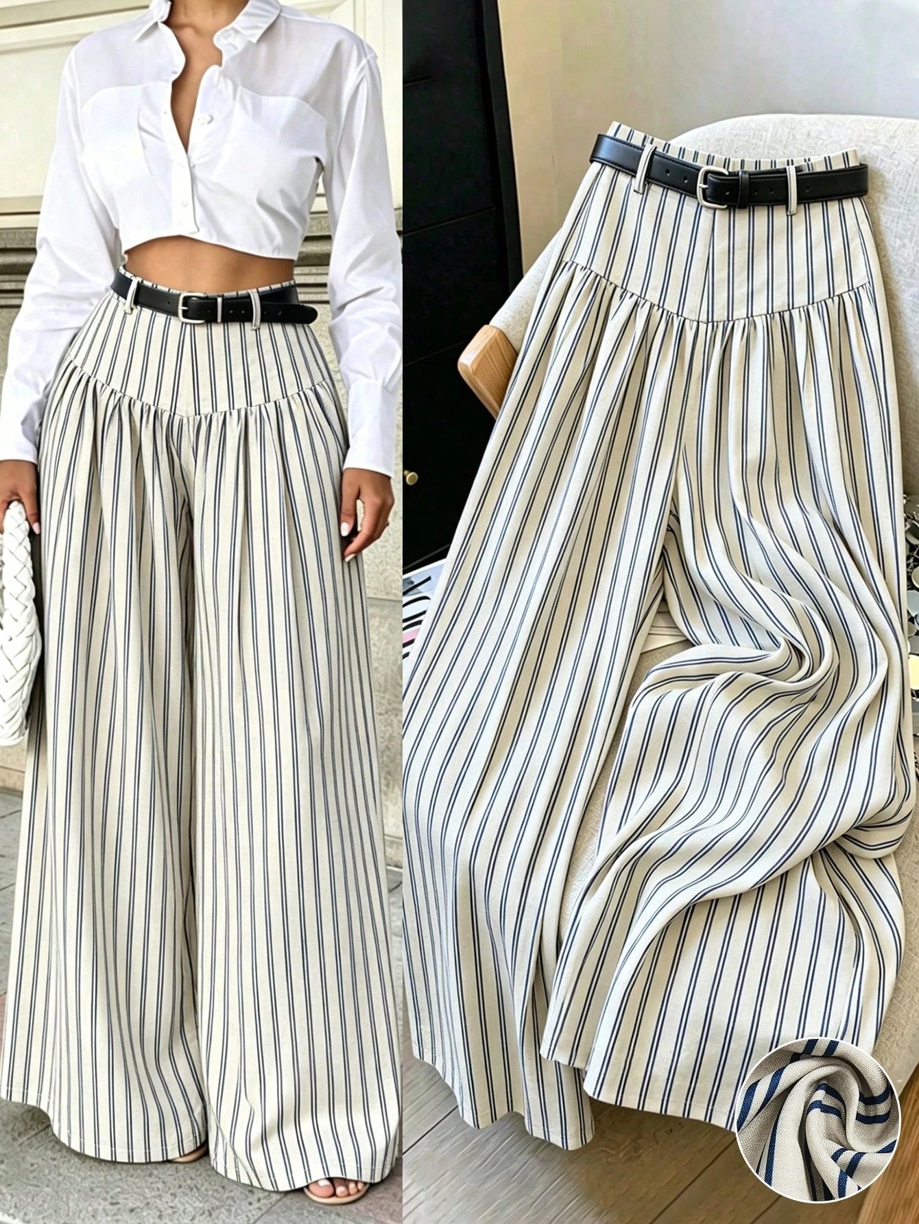 Elenzga French Style Drapey Wide Leg Pants, Slimming Striped Elegant Casual Commute Long Pants For Women