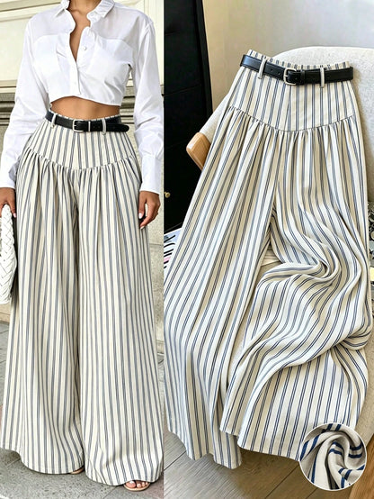 Elenzga French Style Drapey Wide Leg Pants, Slimming Striped Elegant Casual Commute Long Pants For Women