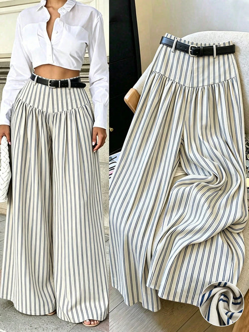Elenzga French Style Drapey Wide Leg Pants, Slimming Striped Elegant Casual Commute Long Pants For Women