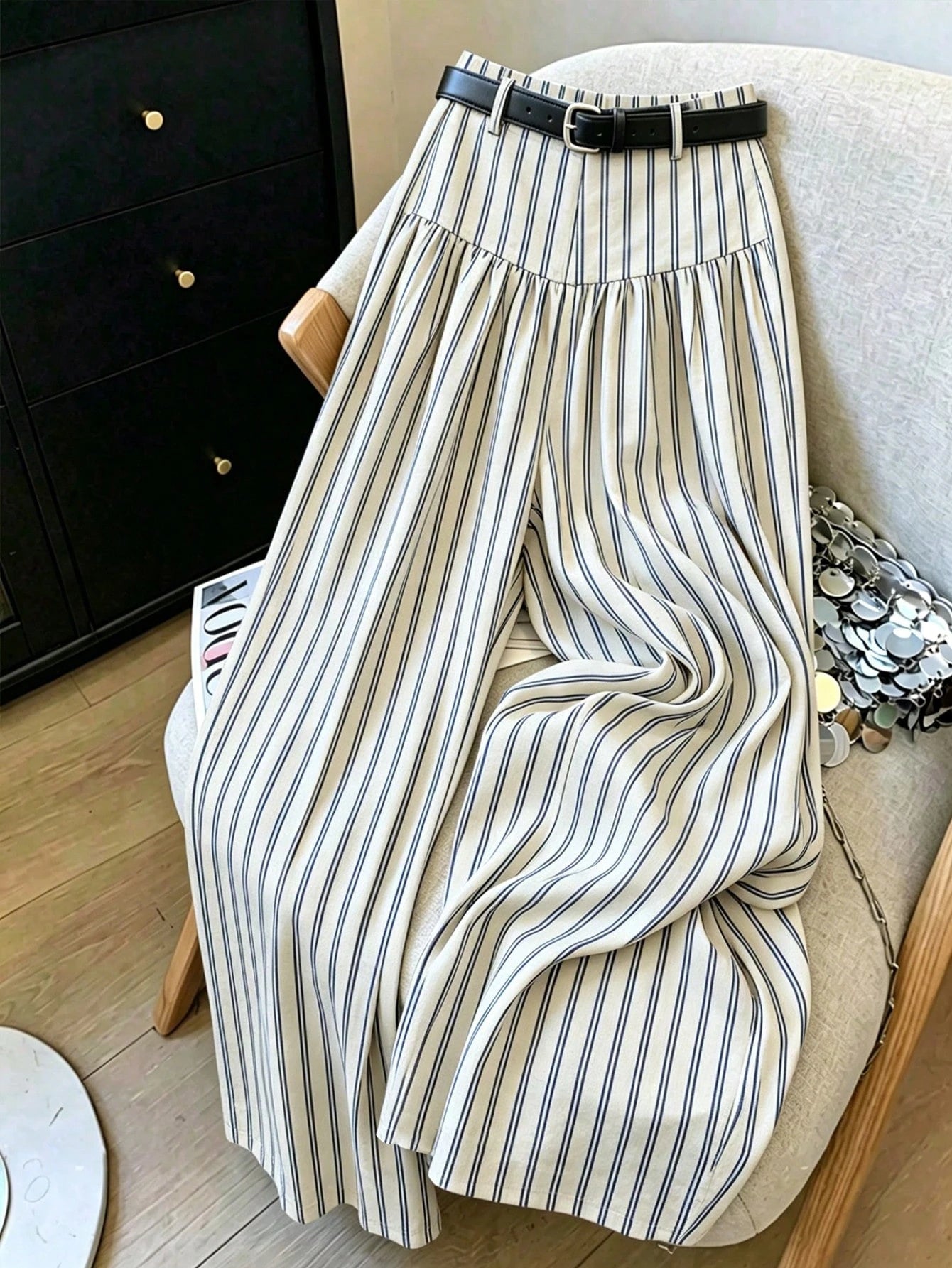 Elenzga French Style Drapey Wide Leg Pants, Slimming Striped Elegant Casual Commute Long Pants For Women