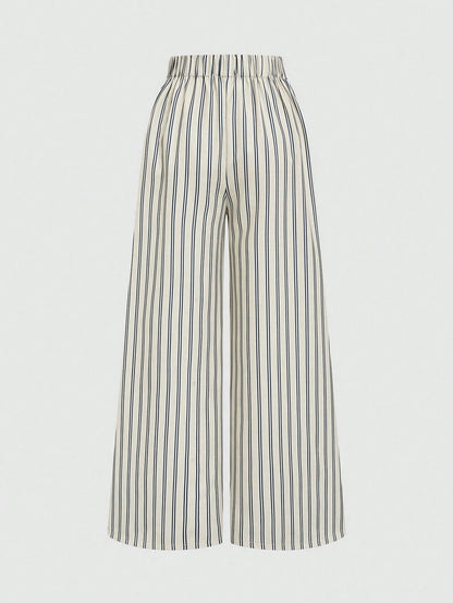 Elenzga French Style Drapey Wide Leg Pants, Slimming Striped Elegant Casual Commute Long Pants For Women