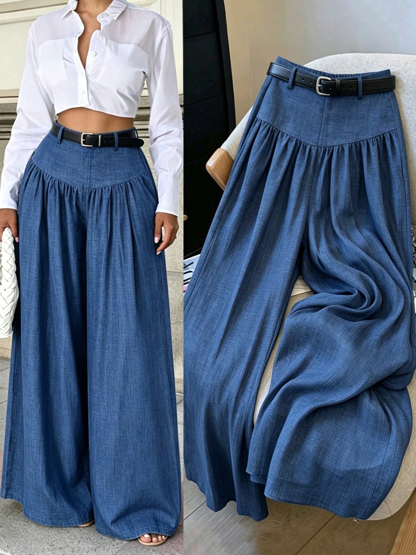 Elenzga French Style Drapey Wide Leg Pants, Slimming Striped Elegant Casual Commute Long Pants For Women