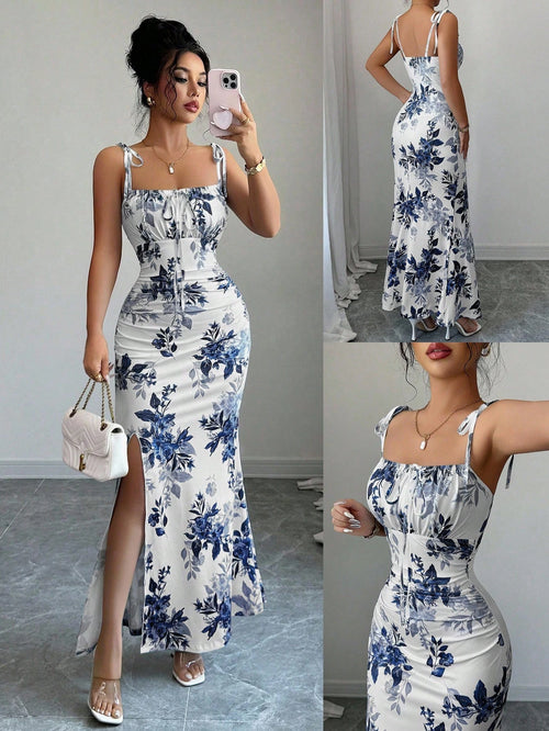 Elenzga New Women's Spaghetti Strap Tie Bow Waist Ruched Hem Slit Design Dress, Versatile For Dates, Parties, Daily Wear, Flattering & Elegant