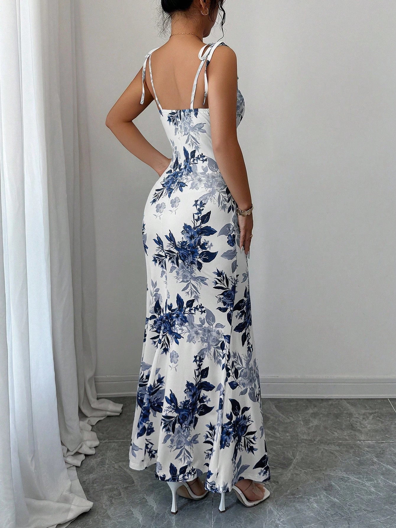 Elenzga New Women's Spaghetti Strap Tie Bow Waist Ruched Hem Slit Design Dress, Versatile For Dates, Parties, Daily Wear, Flattering & Elegant