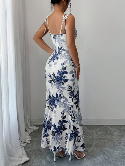 Elenzga New Women's Spaghetti Strap Tie Bow Waist Ruched Hem Slit Design Dress, Versatile For Dates, Parties, Daily Wear, Flattering & Elegant
