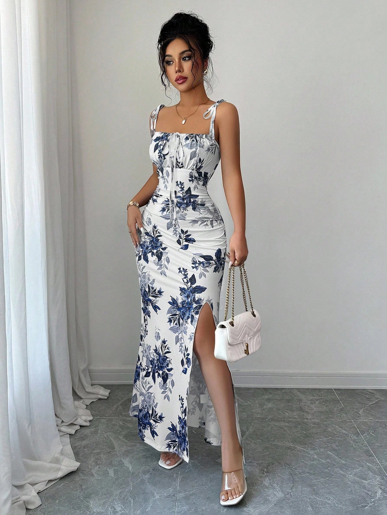 Elenzga New Women's Spaghetti Strap Tie Bow Waist Ruched Hem Slit Design Dress, Versatile For Dates, Parties, Daily Wear, Flattering & Elegant