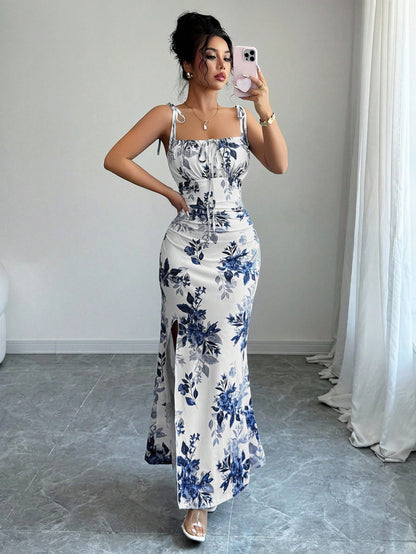 Elenzga New Women's Spaghetti Strap Tie Bow Waist Ruched Hem Slit Design Dress, Versatile For Dates, Parties, Daily Wear, Flattering & Elegant