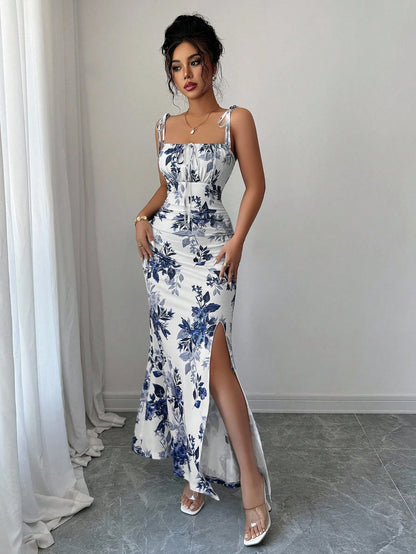 Elenzga New Women's Spaghetti Strap Tie Bow Waist Ruched Hem Slit Design Dress, Versatile For Dates, Parties, Daily Wear, Flattering & Elegant