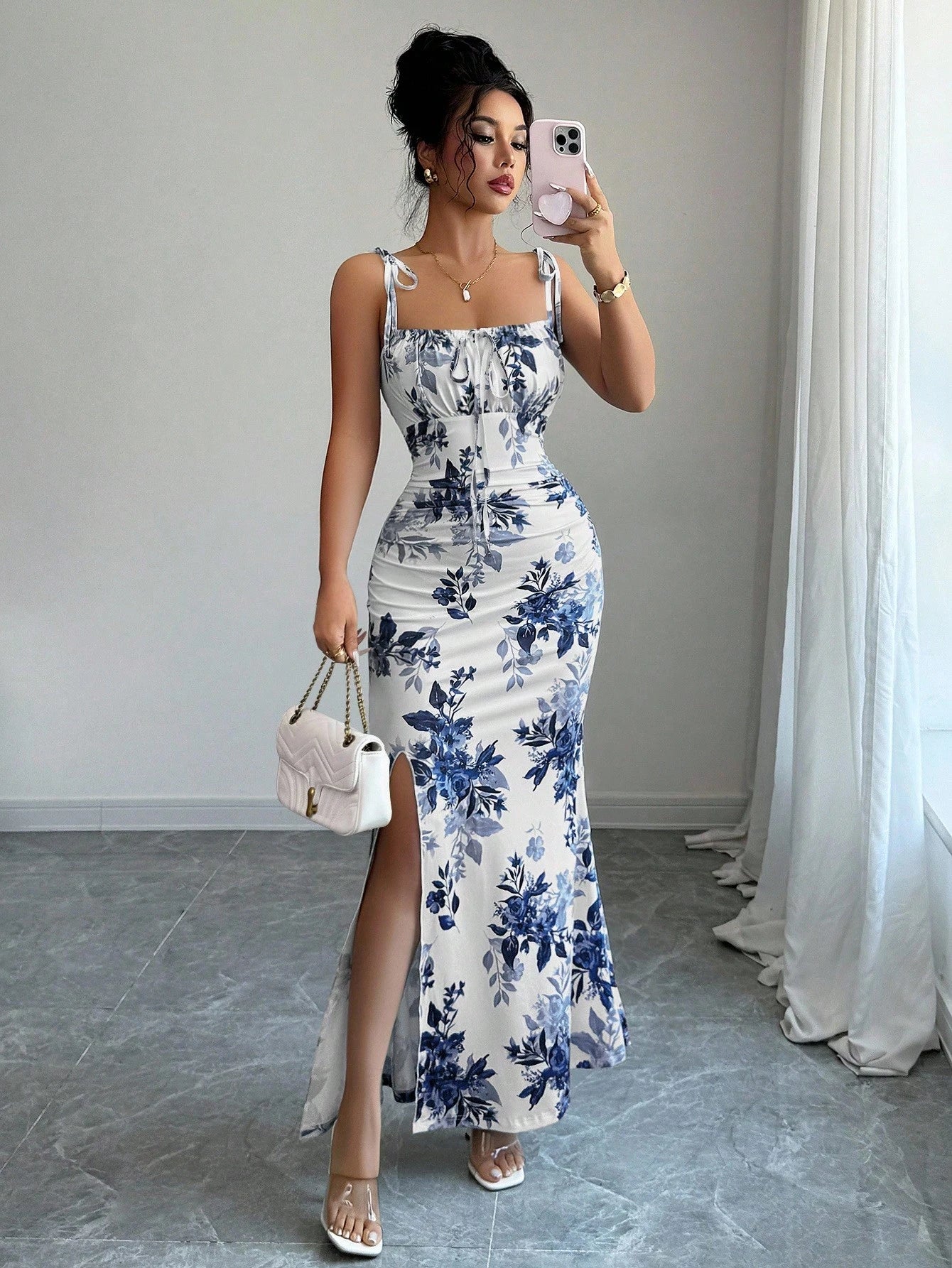 Elenzga New Women's Spaghetti Strap Tie Bow Waist Ruched Hem Slit Design Dress, Versatile For Dates, Parties, Daily Wear, Flattering & Elegant