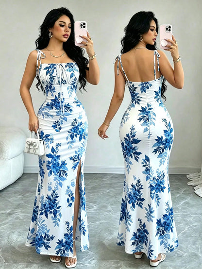 Elenzga New Women's Spaghetti Strap Tie Bow Waist Ruched Hem Slit Design Dress, Versatile For Dates, Parties, Daily Wear, Flattering & Elegant
