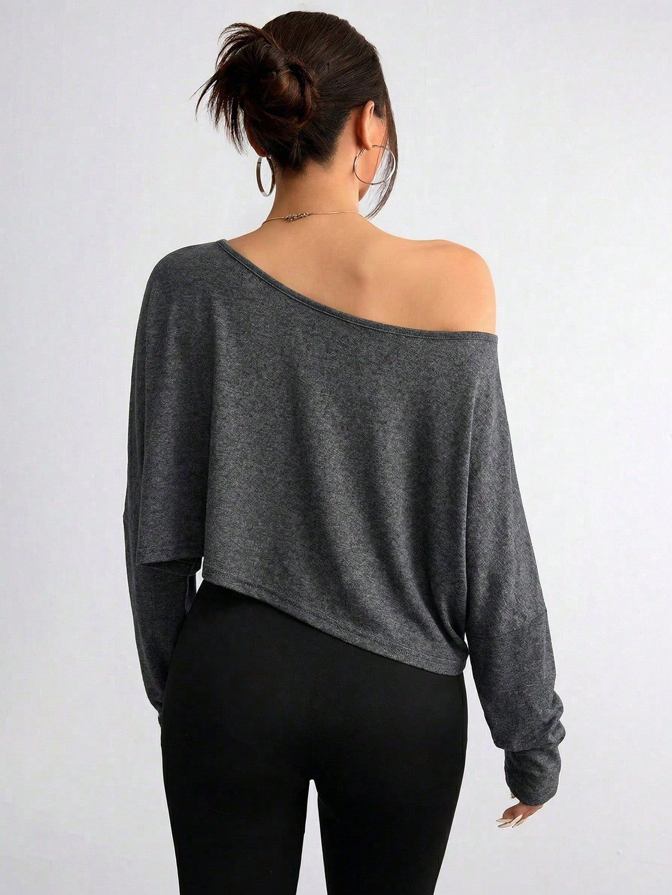 Elenzga Plus Size Women's Asymmetric Collar Long Sleeve Cropped Casual Sexy T-Shirt, Solid Color, Autumn Date Night Vacation Club Fall