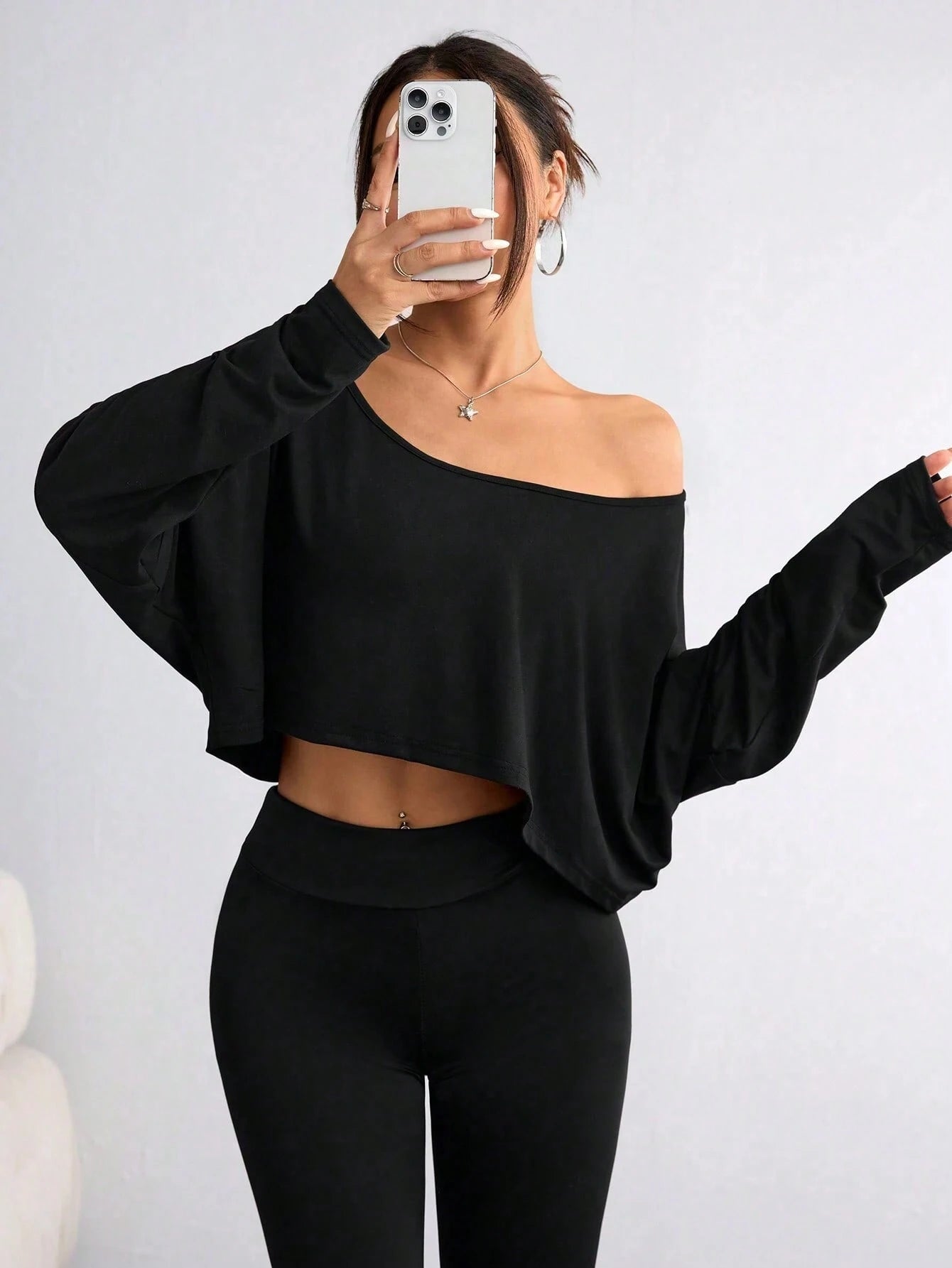 Elenzga Plus Size Women's Asymmetric Collar Long Sleeve Cropped Casual Sexy T-Shirt, Solid Color, Autumn Date Night Vacation Club Fall