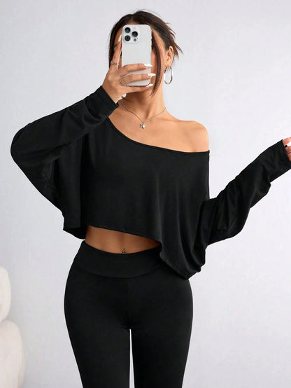 Elenzga Plus Size Women's Asymmetric Collar Long Sleeve Cropped Casual Sexy T-Shirt, Solid Color, Autumn Date Night Vacation Club Fall