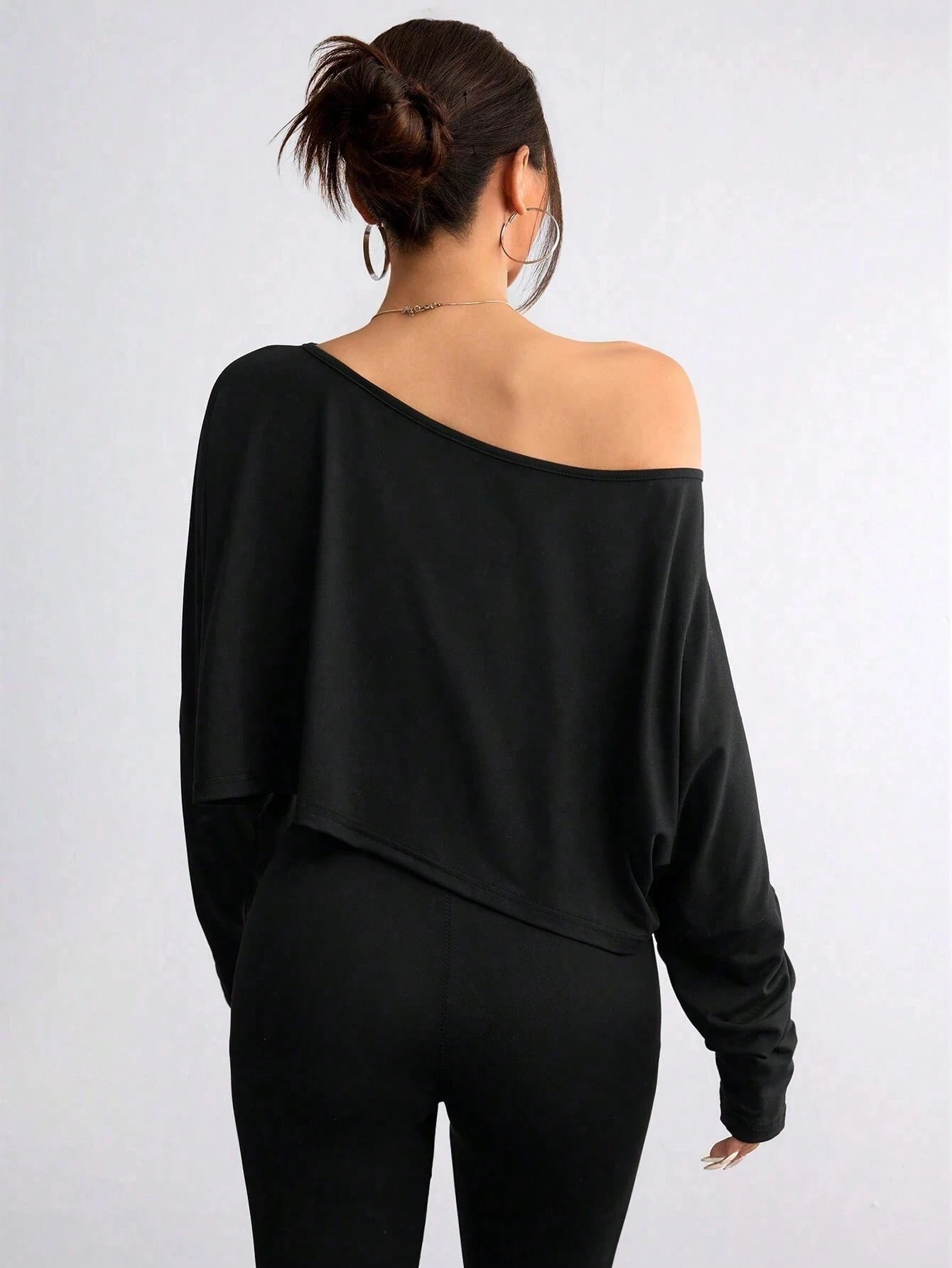 Elenzga Plus Size Women's Asymmetric Collar Long Sleeve Cropped Casual Sexy T-Shirt, Solid Color, Autumn Date Night Vacation Club Fall