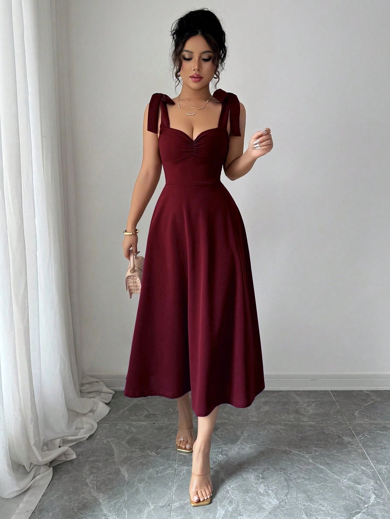 Elenzga Sleeveless Tie-Up Cinched Waist A-Line Elegant Romantic Women Dress