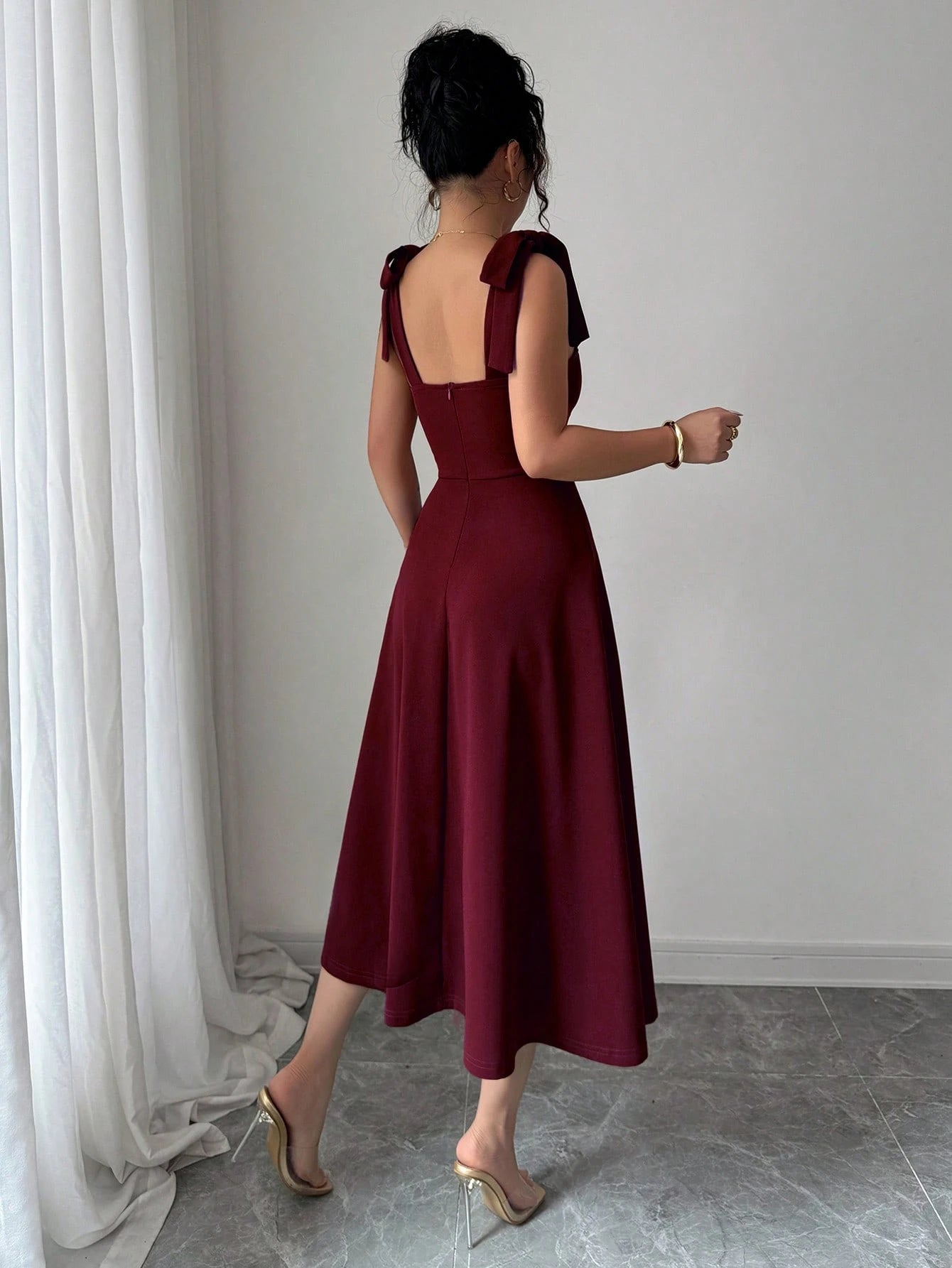 Elenzga Sleeveless Tie-Up Cinched Waist A-Line Elegant Romantic Women Dress