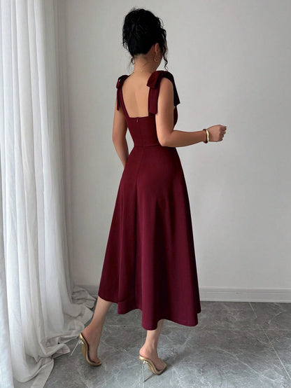 Elenzga Sleeveless Tie-Up Cinched Waist A-Line Elegant Romantic Women Dress