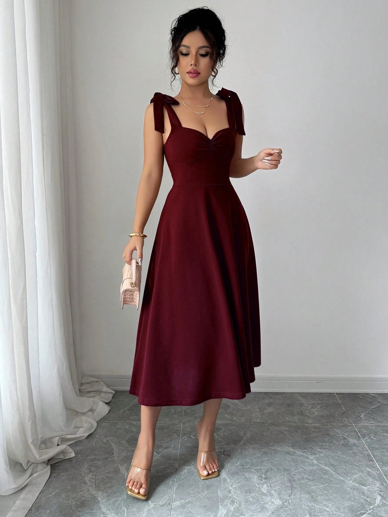 Elenzga Sleeveless Tie-Up Cinched Waist A-Line Elegant Romantic Women Dress