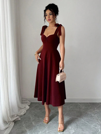 Elenzga Sleeveless Tie-Up Cinched Waist A-Line Elegant Romantic Women Dress