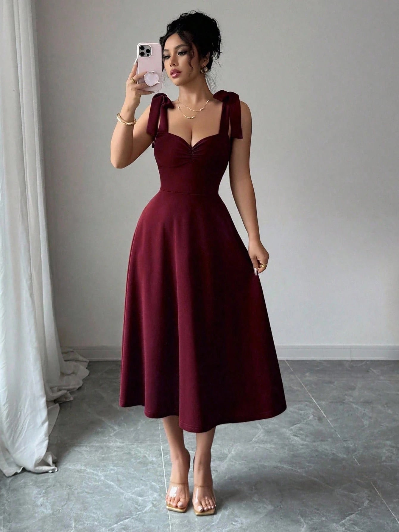Elenzga Sleeveless Tie-Up Cinched Waist A-Line Elegant Romantic Women Dress