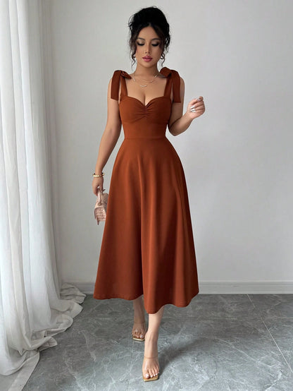 Elenzga Sleeveless Tie-Up Cinched Waist A-Line Elegant Romantic Women Dress