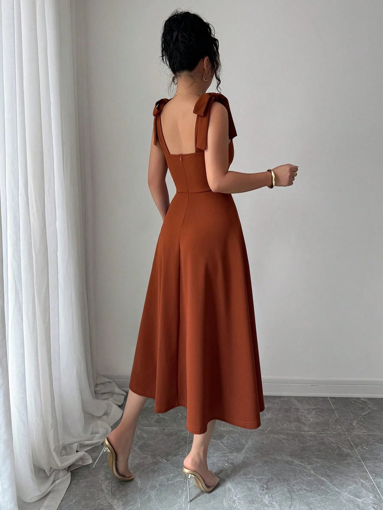 Elenzga Sleeveless Tie-Up Cinched Waist A-Line Elegant Romantic Women Dress